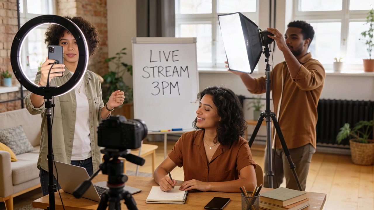 Et team på 3 i afslappet tøj forbereder sig til en LIVE STREAM kl. 15.00 i et loftslokale, justerer en softbox og følger en whiteboardtavle.