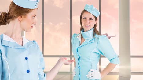 animation of happy caucasian female flight attendants over plane