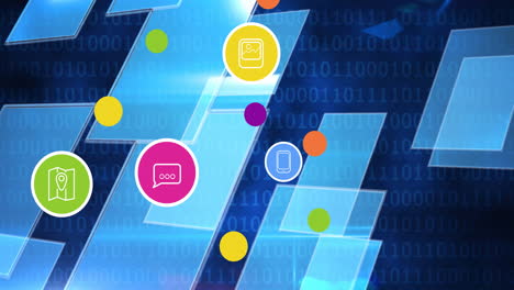 animación de iconos digitales sobre codificación binaria en segundo plano