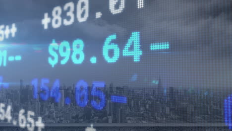 animation of stock market and light spots over cityscape