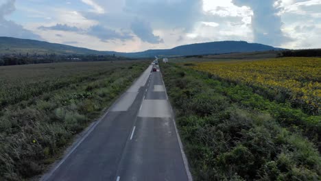 Road-and-car-traffic-surrounded-by-agricultural-land---aerial-tracking-shot