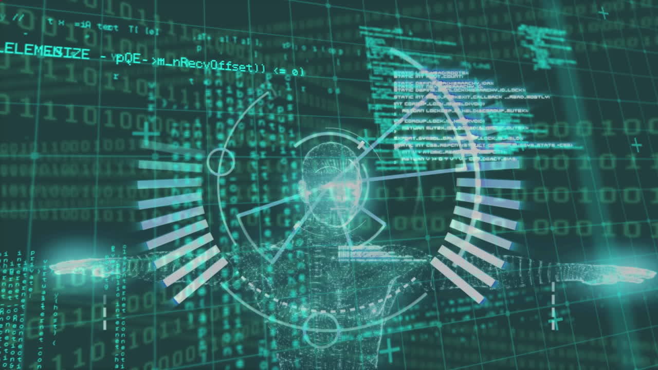 animación de formas rojas sobre escaneo de alcance, modelo humano y procesamiento de datos sobre fondo negro