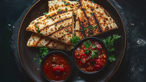 Gegrillte-Quesadillas-Mit-Salsa-Dips-Auf-Rustikalem-Teller