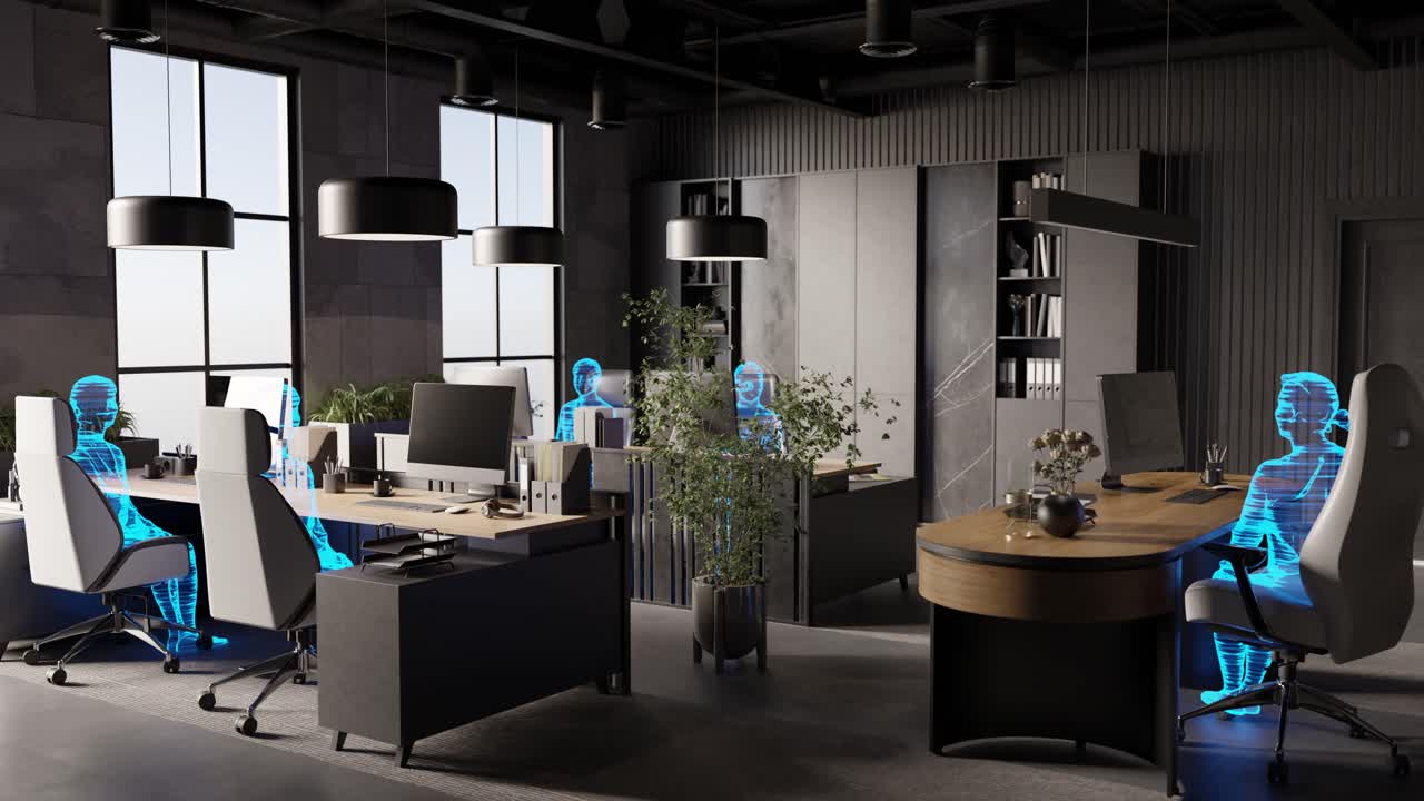 Modern workplace with human holograms sitting on chairs, AI concept. 3d render