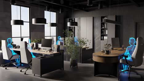 modern workplace with human holograms sitting on chairs, ai concept. 3d render