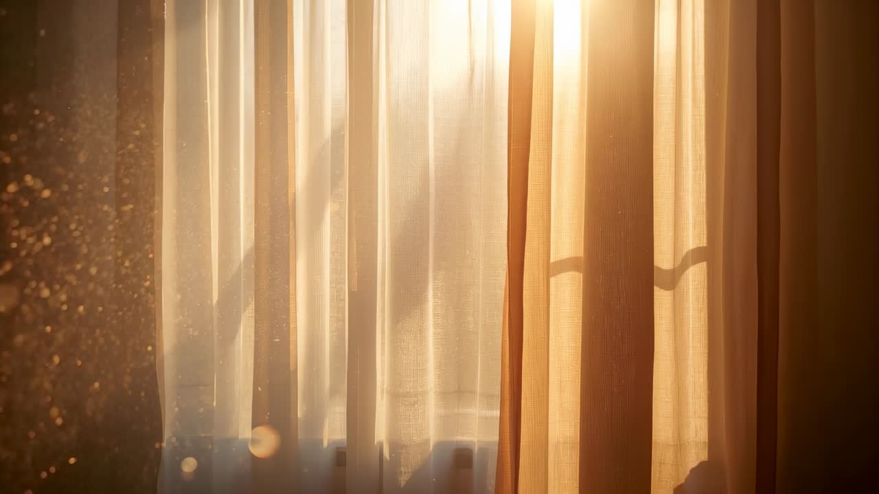 家では、明るい日差しが、透き通るような白とベージュゴールドのカーテンを照らし、漂う塵の粒子が見えています。