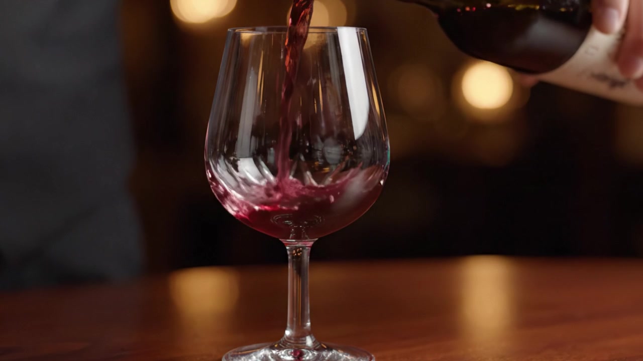 Una mescita sofisticata: l'arte del servizio del vino catturata in due splendide inquadrature, che mostra l'eleganza dei calici e la ricca tonalità del buon vino rosso