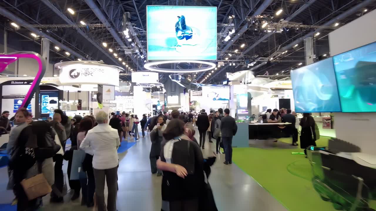 Vídeo em grande angular de um movimentado pavilhão de feiras comerciais, capturando estandes vibrantes e participantes.