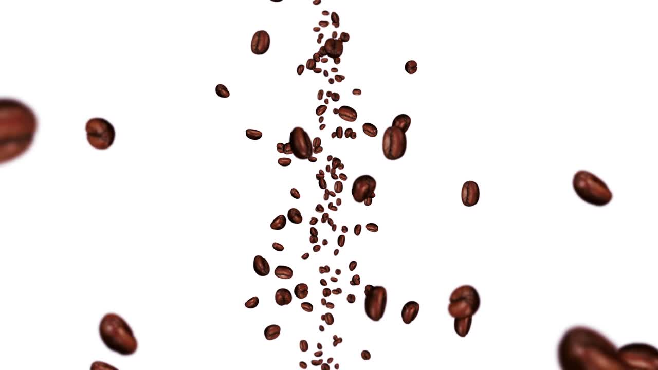Molti chicchi di caffè che volano su sfondo bianco. Bevanda alla caffeina, Colazione, Aroma. Animazione 3D di chicchi di caffè tostati che ruotano. Animazione in loop