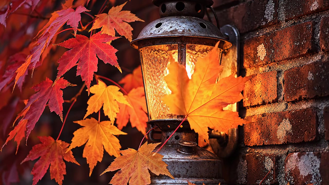 Lanterna vintage che illumina un muro di mattoni circondata da foglie autunnali