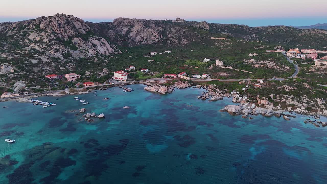 Aerial view of Maddalena Island coastline in Sardinia at sunrise