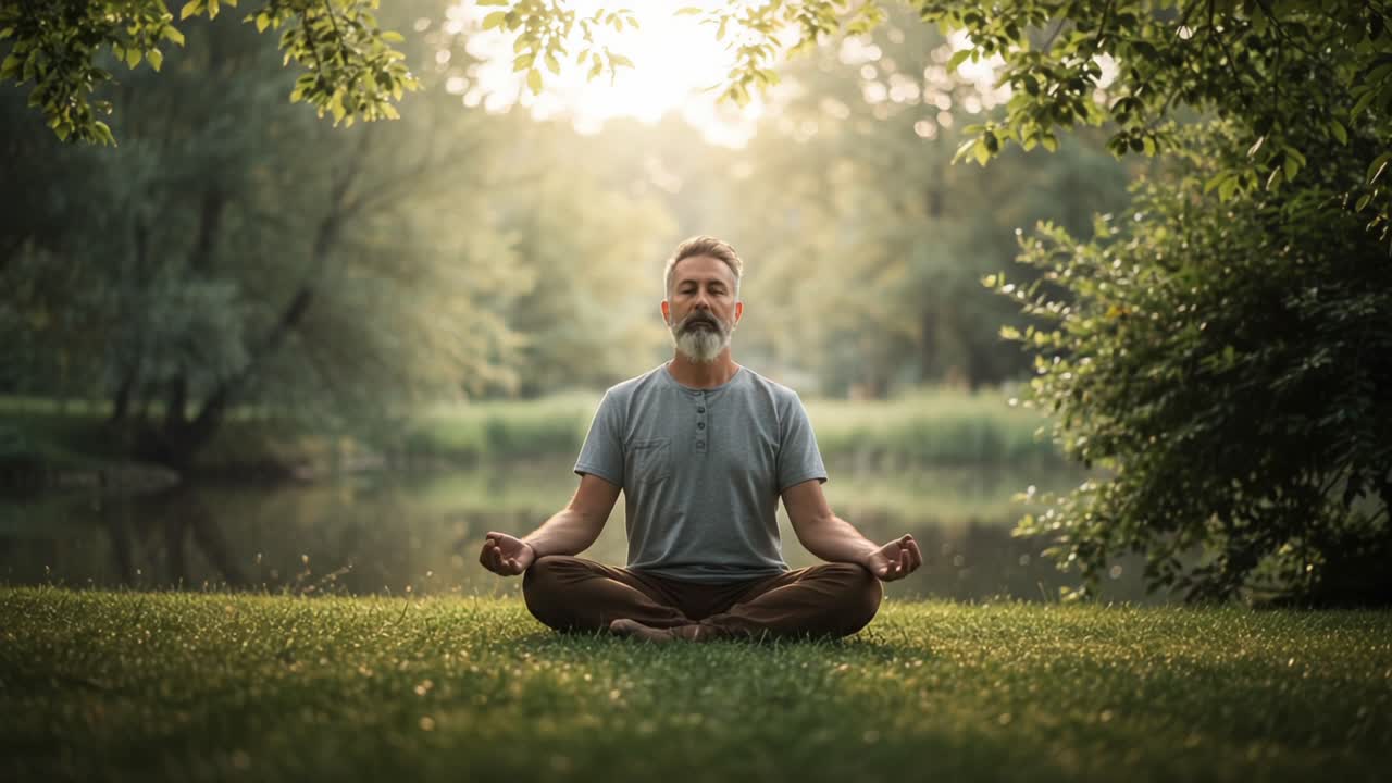 A Serene Moment of Meditation by the Water, Capturing Peace and Inner Calm as a Man Sits Cross-Legged in Nature Surrounded by Lush Greenery and Soft Light