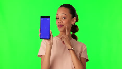 Green-screen,-thinking-and-woman-with-phone