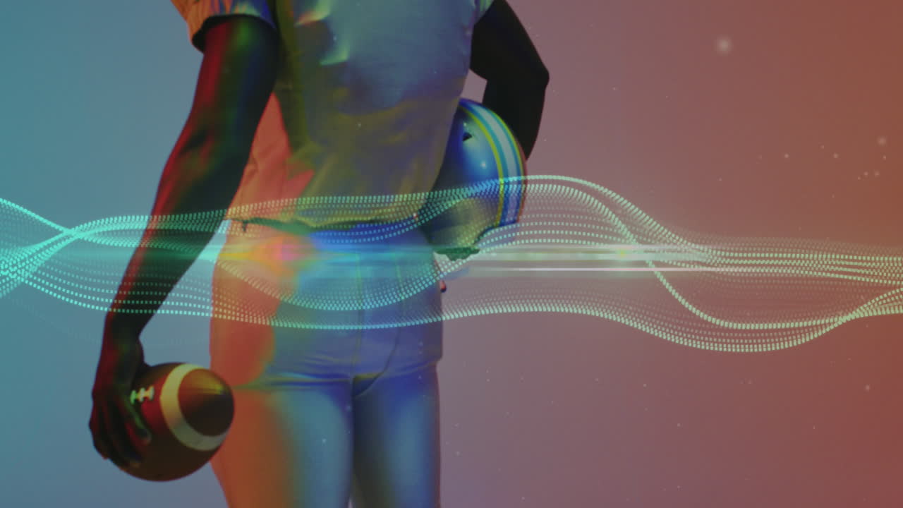 animación de múltiples rastros de luz sobre un jugador de fútbol americano con fondo de neón