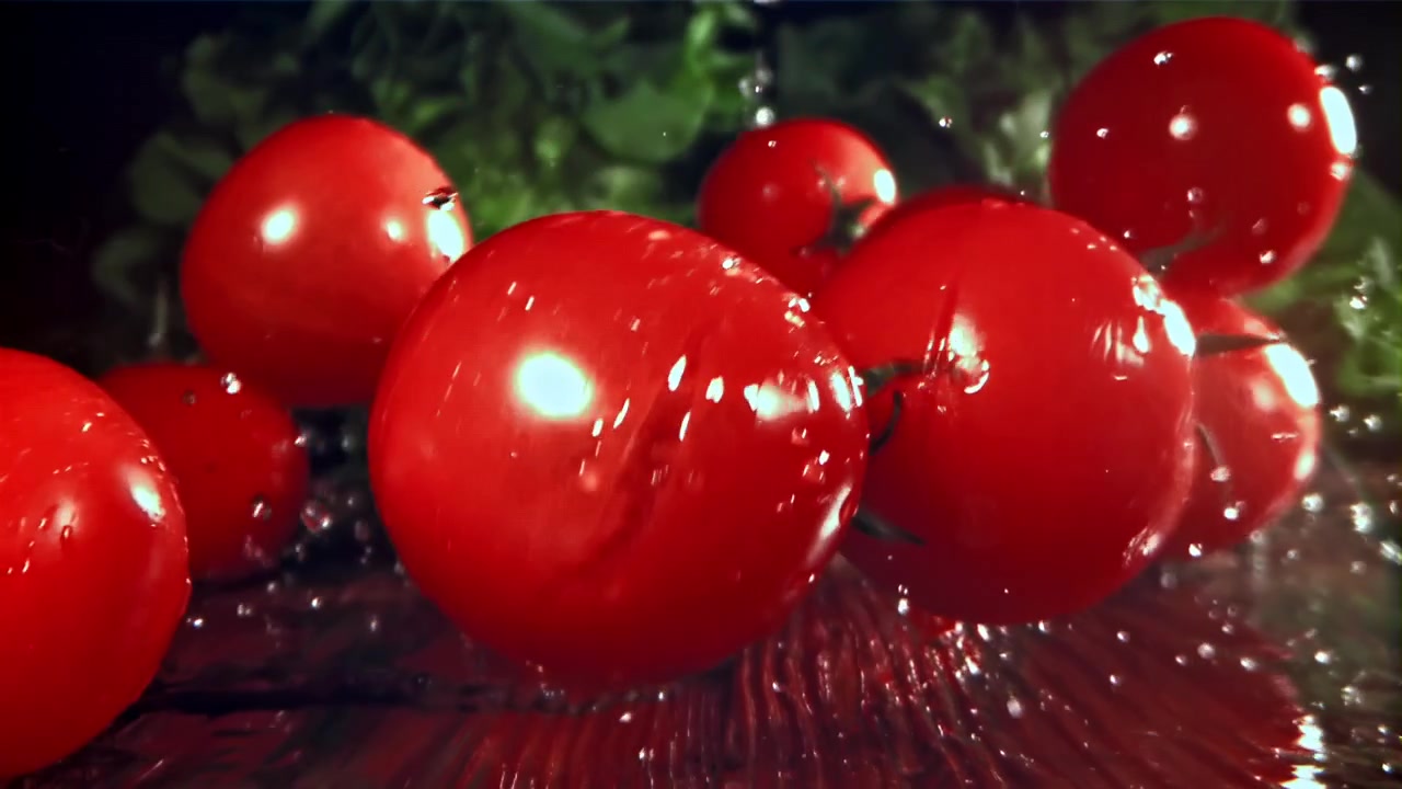 Frische Kirschtomaten fallen und spritzen Wasser auf eine Holzoberfläche