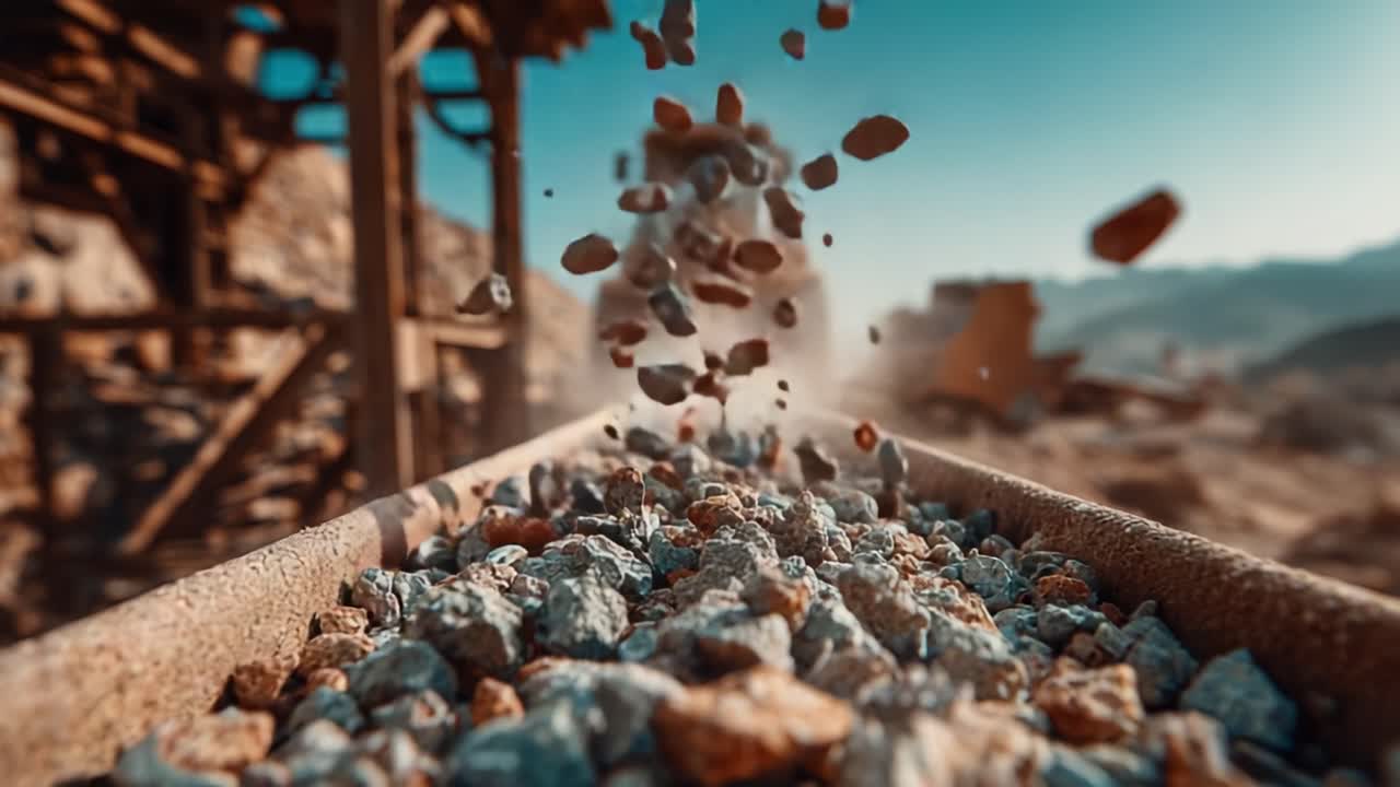 Heavy machinery efficiently transporting gravel along a rugged track, showcasing the dynamic movement of construction materials amid a dust-filled landscape