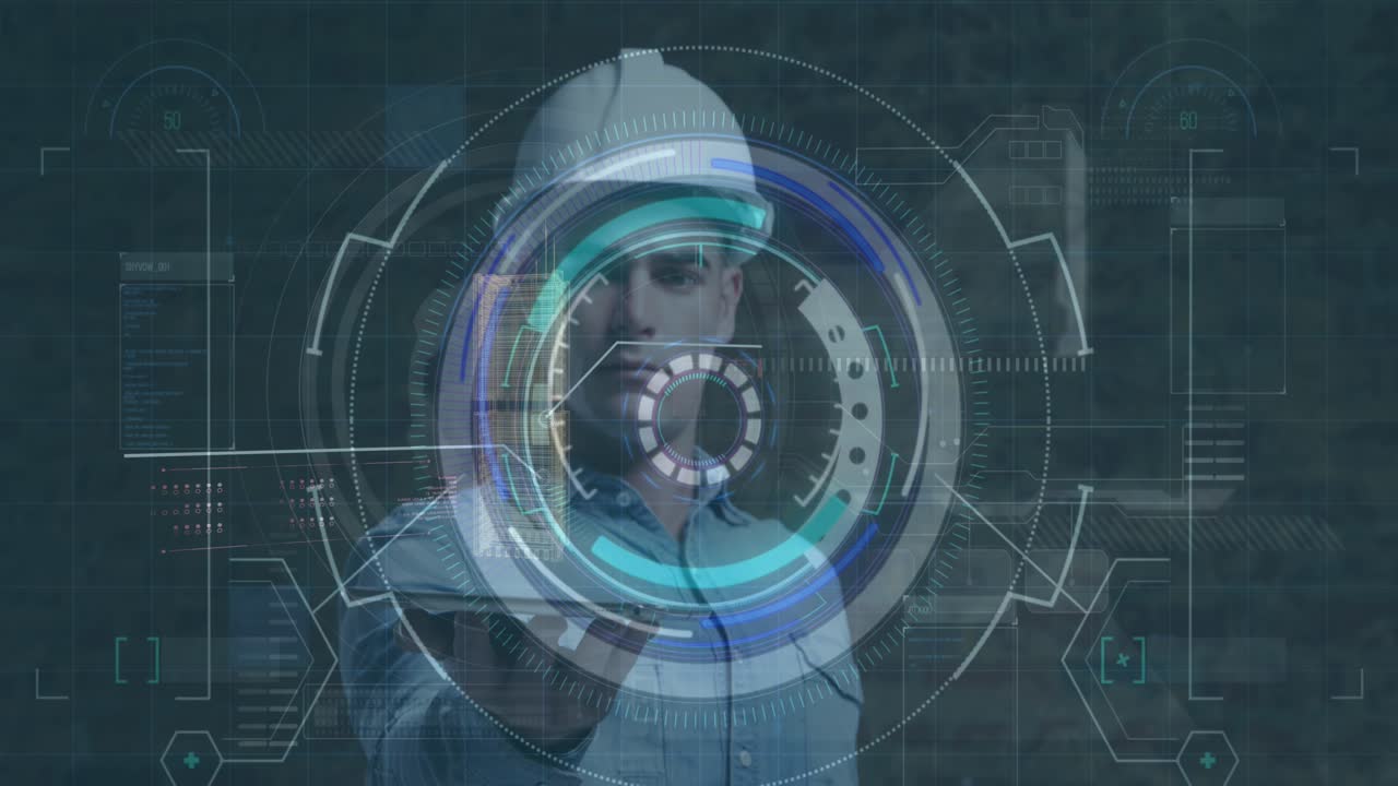Animation of scope scanning with data processing over caucasian male worker