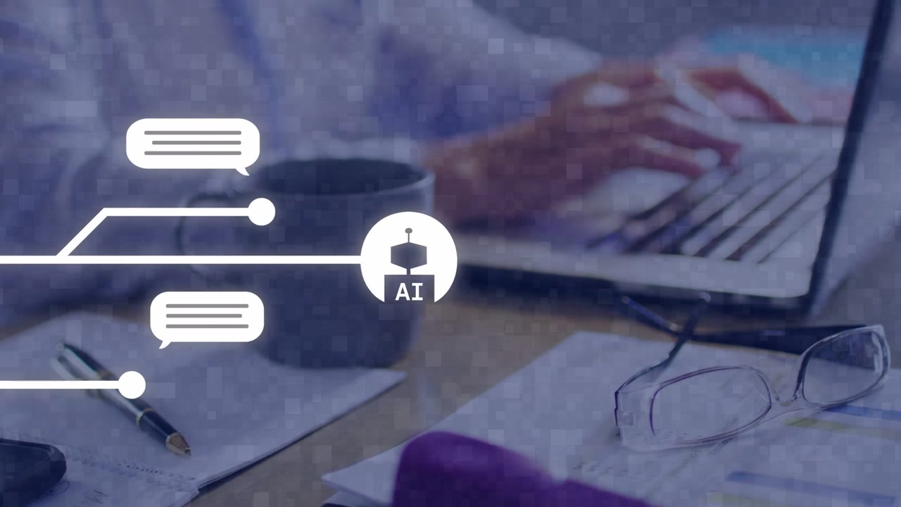 Woman typing on laptop, branch emerging, populating chats, delivering AI icon mapping flow