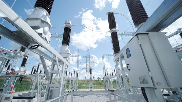 High voltage transformer against the blue sky. Electric current redistribution substation