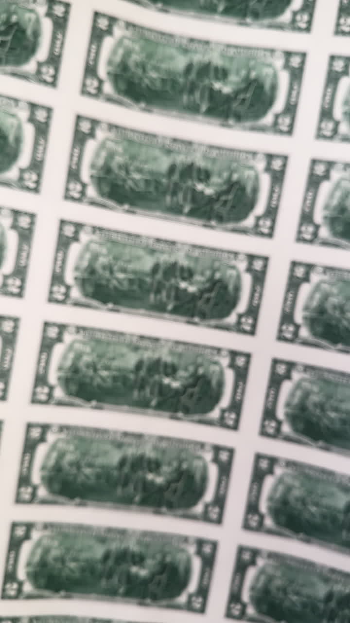 Foglio non tagliato di banconote da due dollari con il retro rivolto verso l'alto. Allontanamento dal denaro e immagine sfocata. Video verticale.