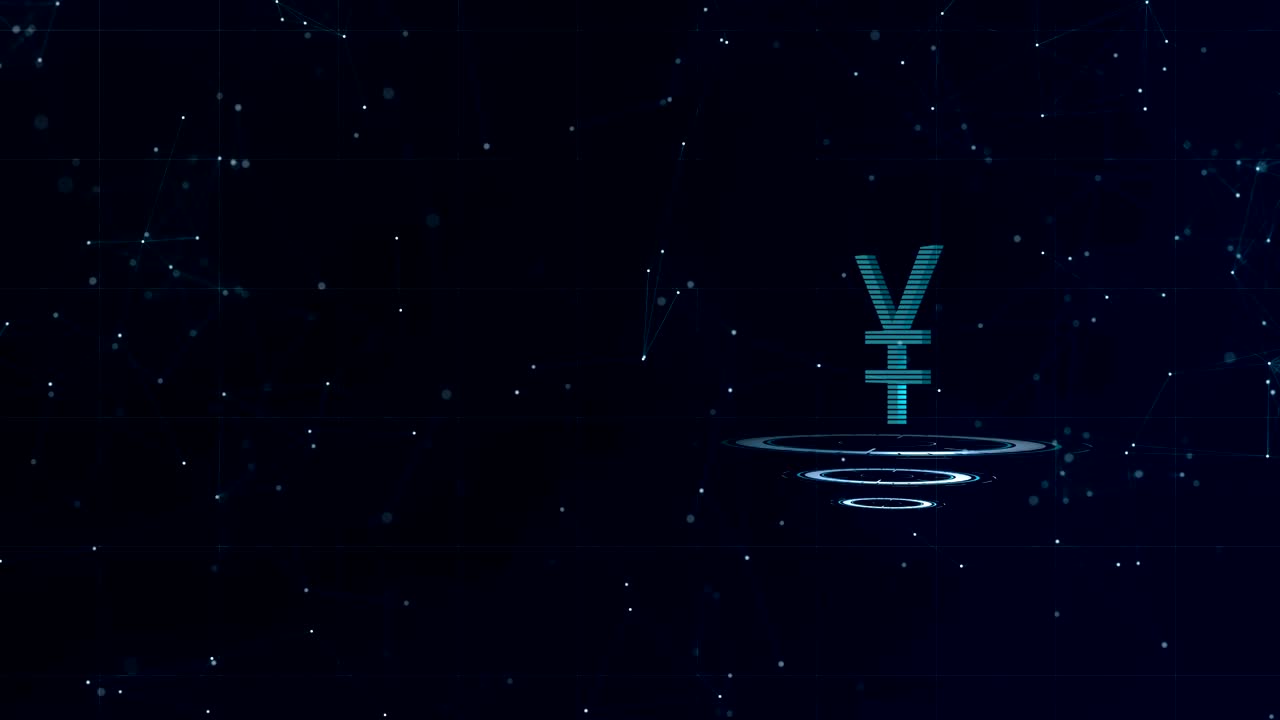 3d 일본 엔 기호: 인터넷 연결과 함께 우주 파란 사이버 공간 배경, 유로 화폐는 세 개의 가상 반이는 원에 있습니다.