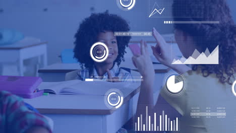 animation of charts processing data over diverse female teacher and schoolboy signing in class