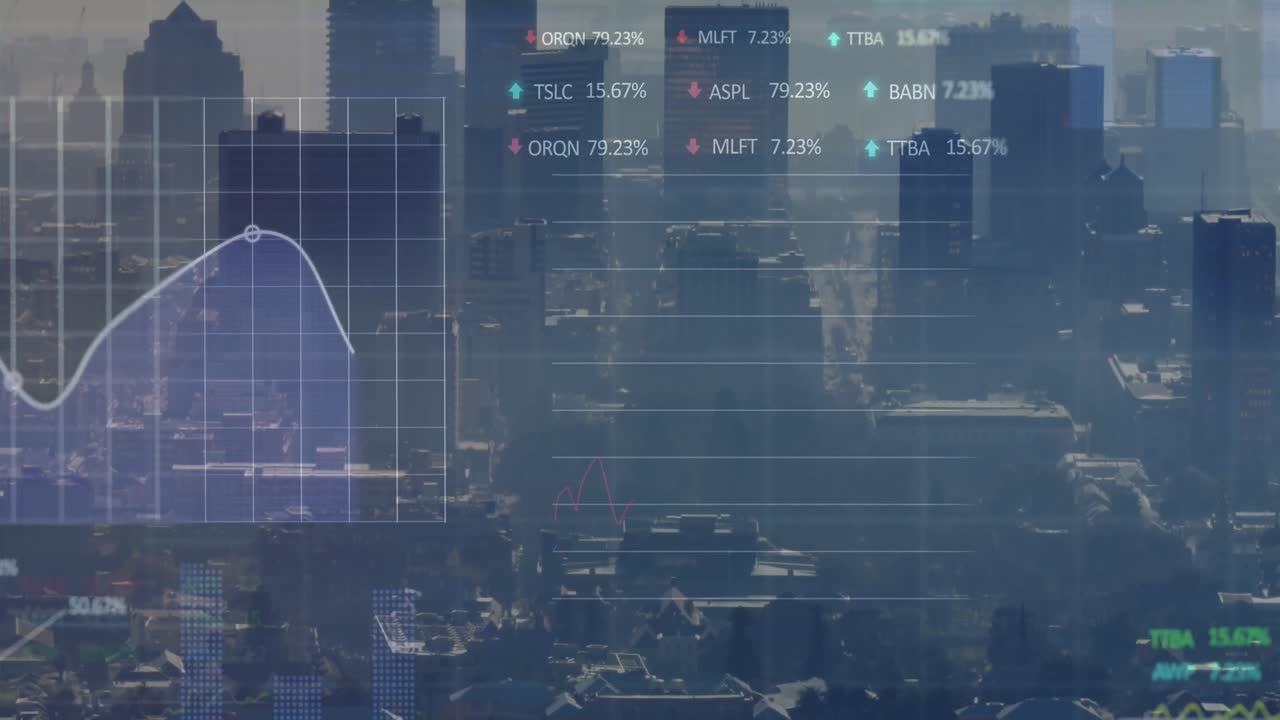 animación del procesamiento de datos financieros sobre el paisaje urbano