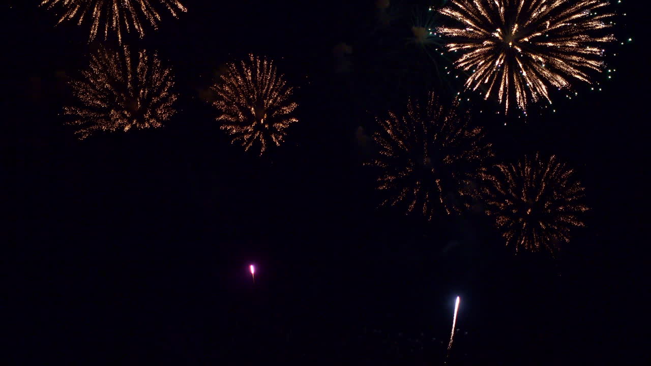 Colorful vibrant fireworks illuminate dark sky background