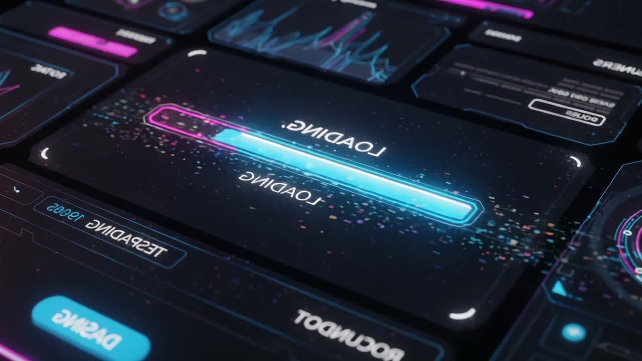 Dynamic Loading Animation: A Futuristic Interface with Colorful Visual Effects and Progress Indicators, Perfect for Showcasing Data Processing or Software Development Activities