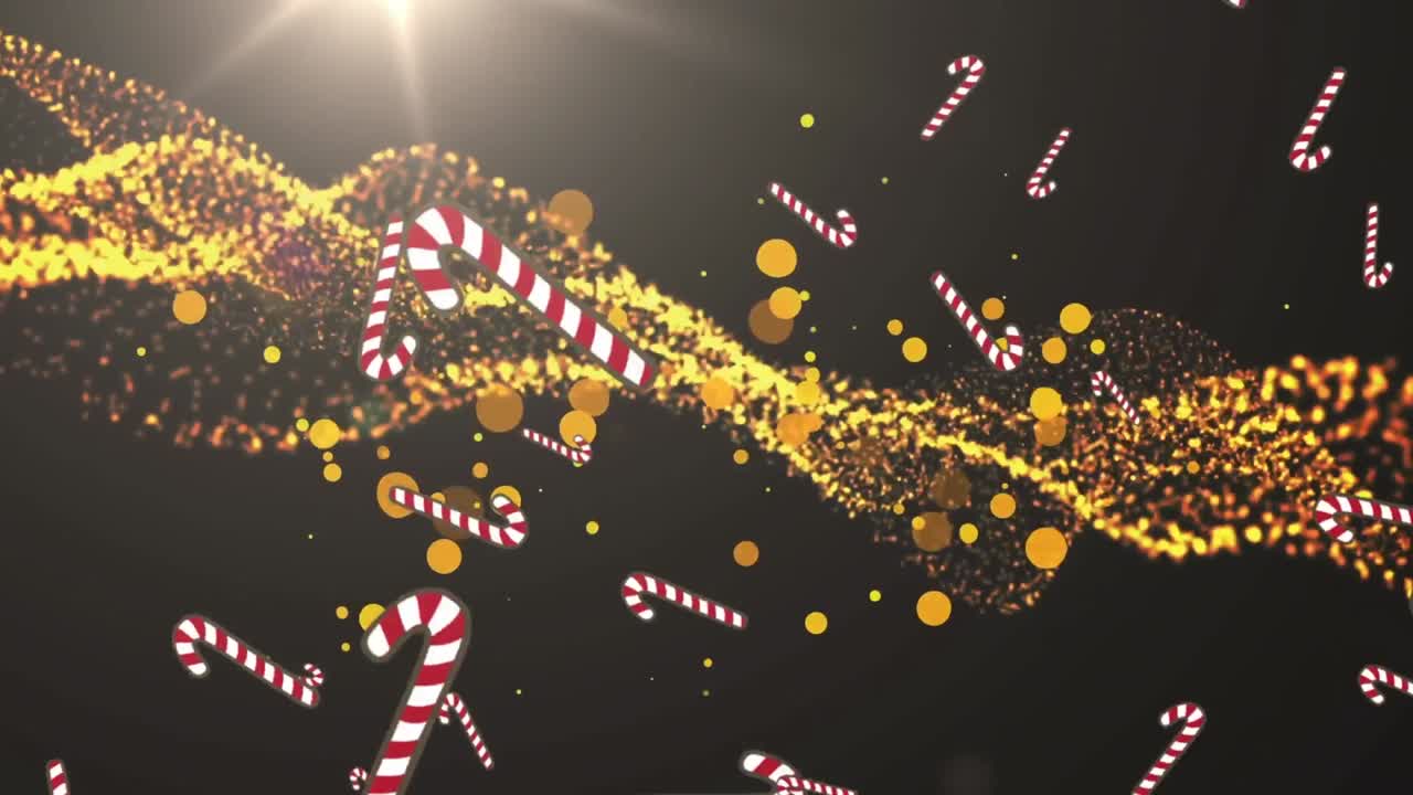 노란색 반점 위에 떨어지는 여러 개의 사탕수수 아이콘과 검은색 배경에 디지털