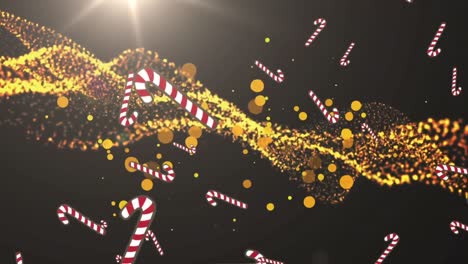 Multiple-candy-cane-icons-falling-over-yellow-spots-and-digital-against-black-background