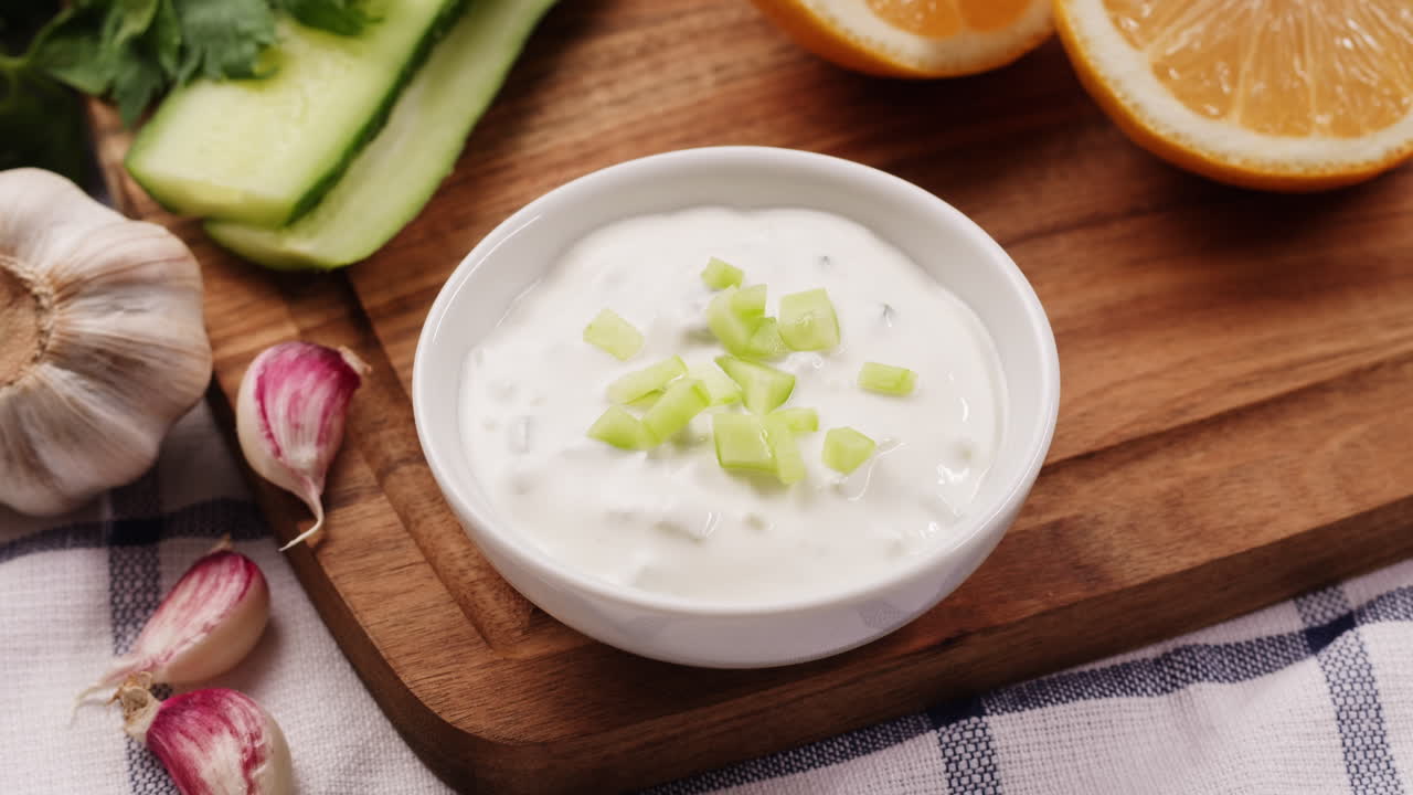 haciendo una salsa cremosa de apio y pepino