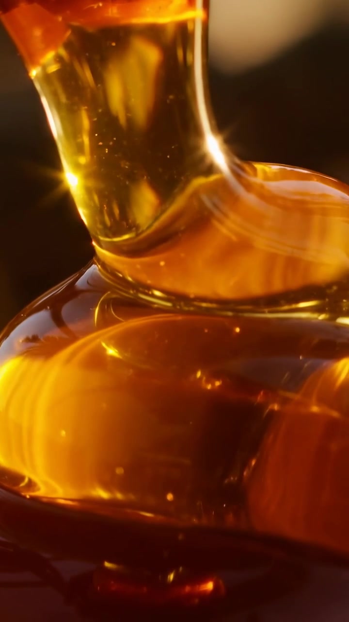 Video verticale: Tirando un attrezzo sottile che rilascia sciroppo, formando una cupola lucida su un tavolo con bolle, bokeh.