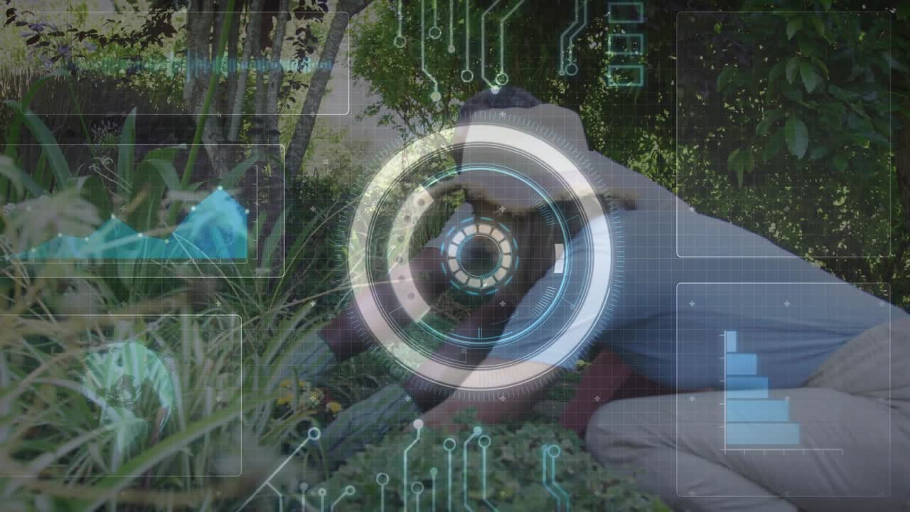 Giardinieri accovacciati nell'aiuola, un giardiniere che si protende tra il fogliame iniziando a diserbare, HUD sulle mani