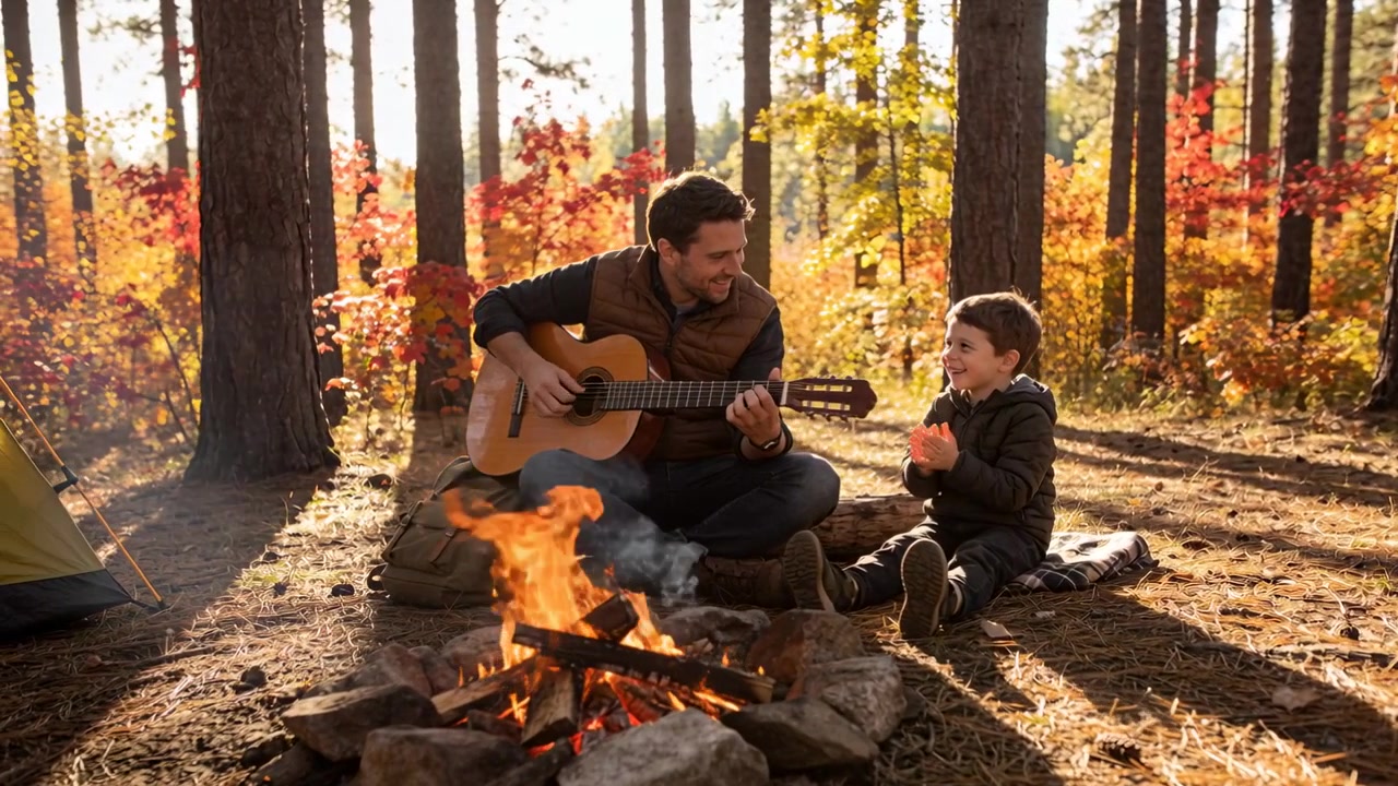 Ayah dan anak mengenakan pakaian luar ruangan, bermain gitar, bertepuk tangan, dan menjalin ikatan di perkemahan hutan dengan api unggun.