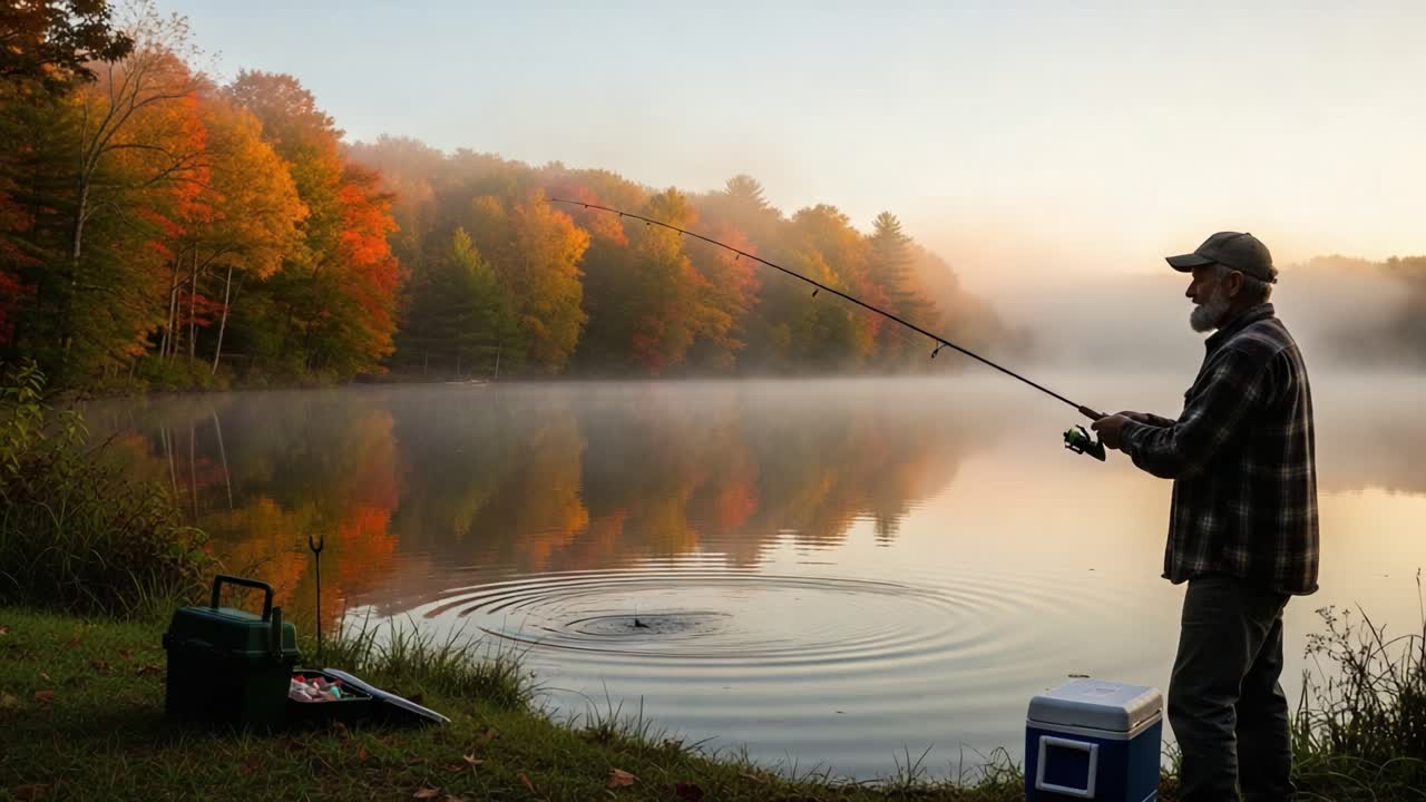 A Serene Morning by the Lake: An Angler's Peaceful Pursuit as Mist Dances Over the Still Waters Amidst Autumn's Vibrant Colors