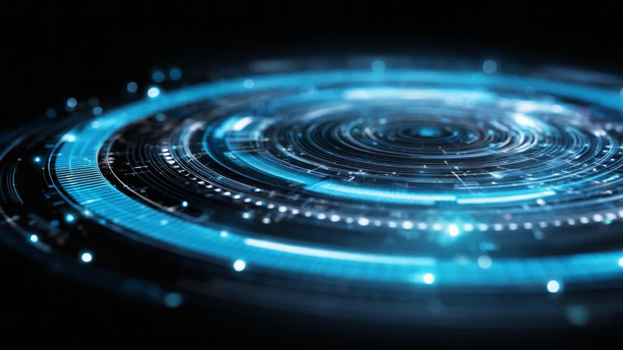 Dynamic Circular Patterns of Light and Technology with Glowing Blue Elements in a Dark Background, Showcasing Modern Digital Aesthetics and Innovation