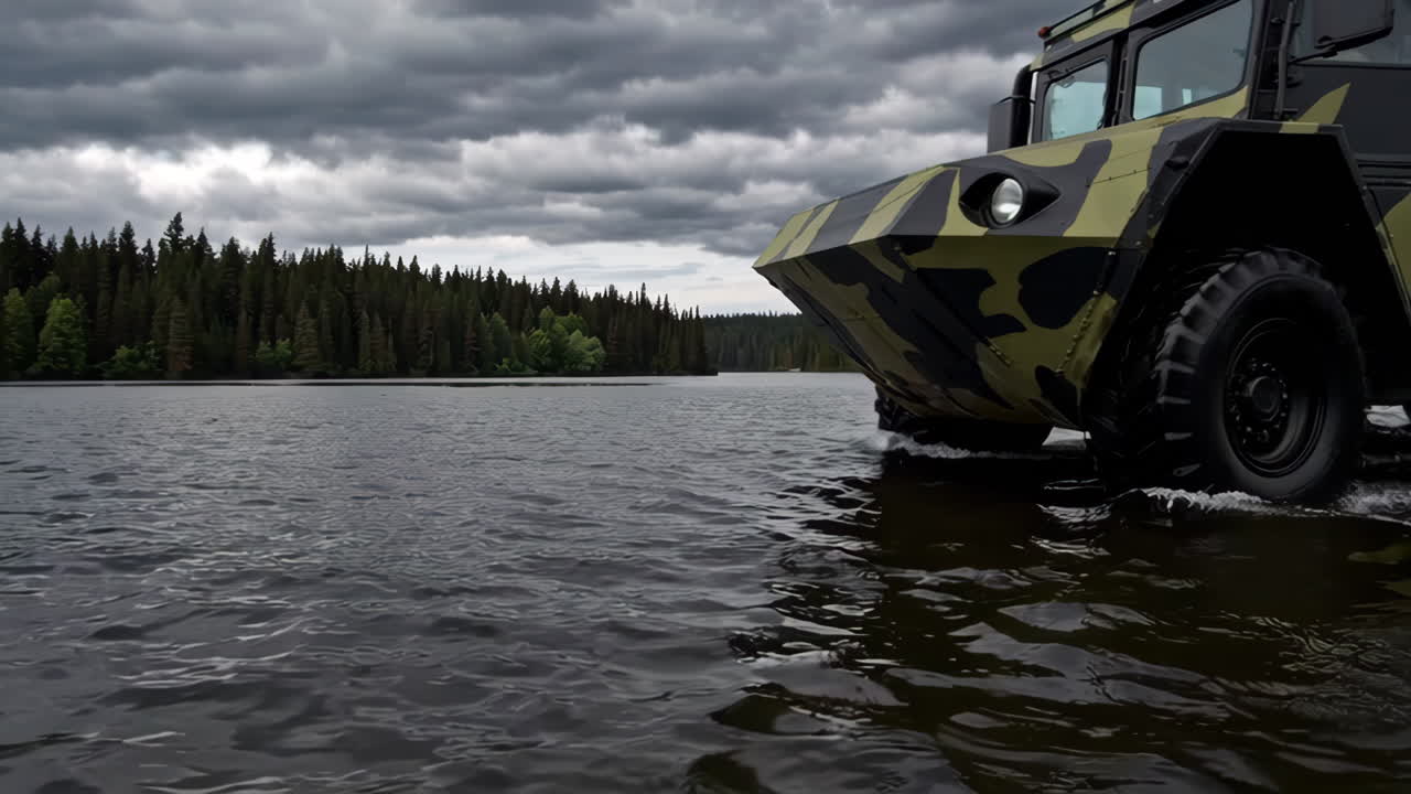 Military Vehicle Crossing a Lake