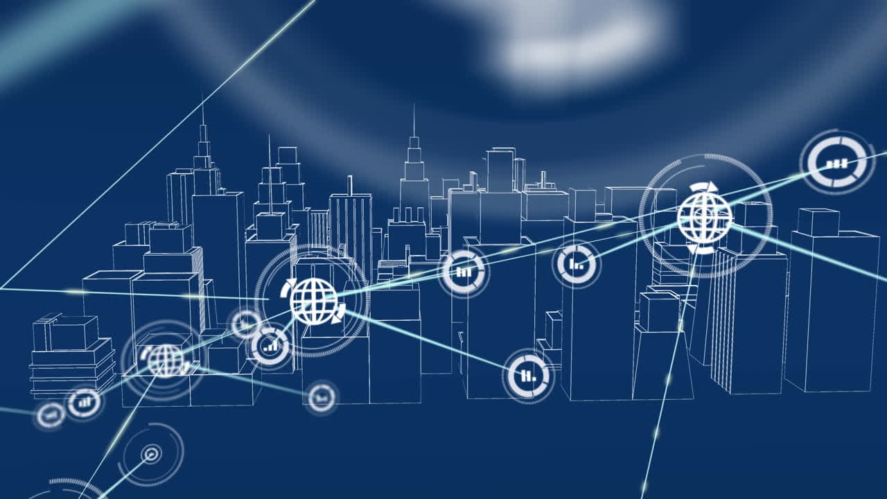 Animation of network of connections over metaverse cityscape on blue background
