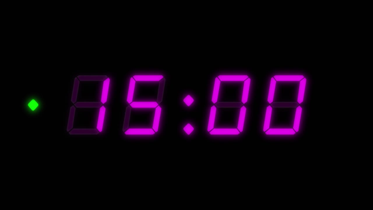 Magenta digital clockface with 4 digits and green dot. 30 seconds digital timer. Purple digits on black background. Retro digital alarm clock animation element, clean digital clock on keyable black
