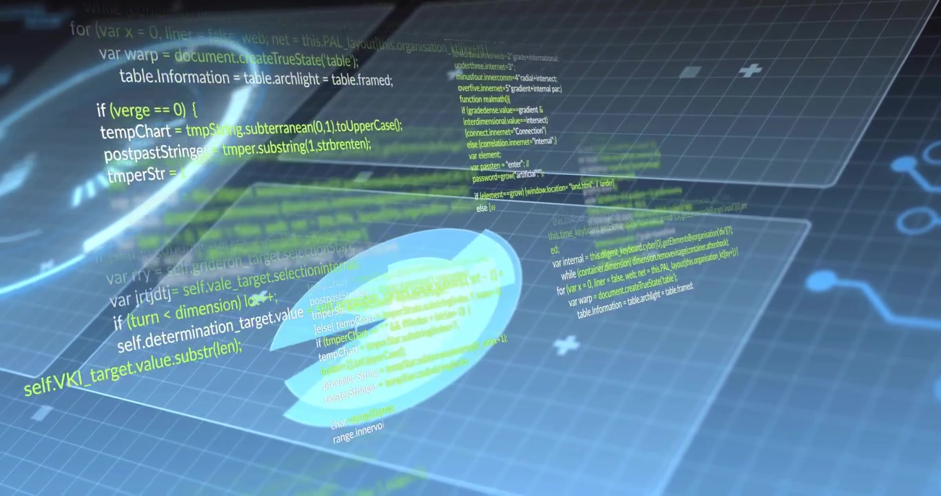 Avvio dell'interfaccia, con un disco 3D blu traslucido che ruota e si inclina mentre un codice al neon visualizza i dati.