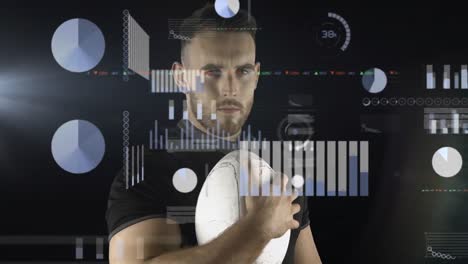 animation of data processing over caucasian male rugby player on black background