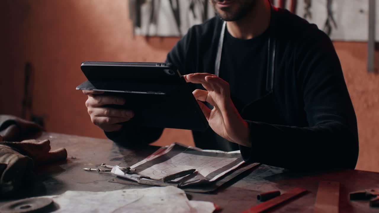 Craftsman using a tablet in a workshop