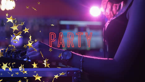 animación del texto de la fiesta sobre las estrellas y la mujer caucásica dj