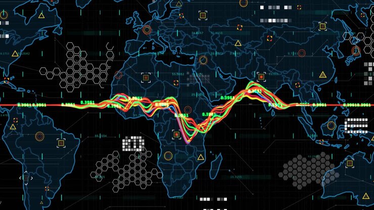 Animation of multiple graphs and numbers over map, geometric shape against black background