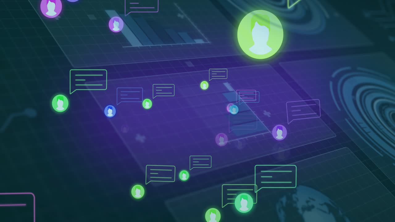 On spawn neon avatars drifting, grouping and spawning chat boxes showing network activity