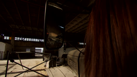 woman looking at rearview mirror in an abandoned truck garage