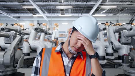 trabajador de fábrica estresado frente a los robots
