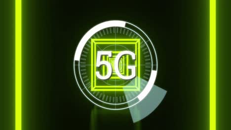 Animation-of-5g-white-text-over-glowing-green-squares-in-background