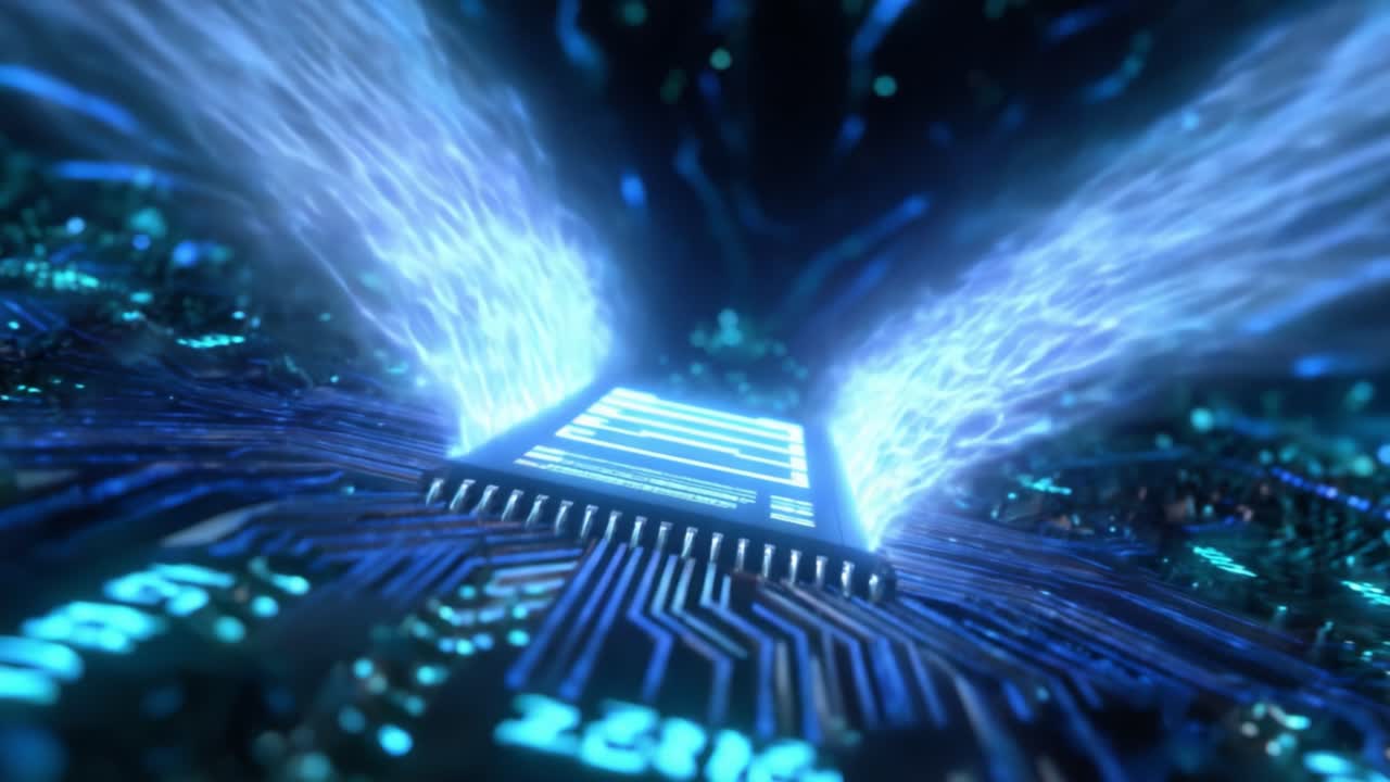 Exploring the Intricate World of Quantum Computing: A Journey Through the Pulsating Energy Waves Emitting from an Advanced Microchip Surrounded by a Cascade of Digital Particles